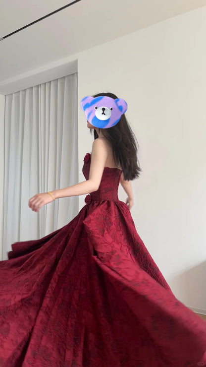strapless open back dress Beautiful Burgundy Tube Top Three-dimensional Rose Lace A-line Prom Dr –  PreppyDress