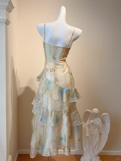 Wunderschönes hellgrünes Ölgemälde Meerjungfrau Spaghettiträger Ballkleid P3439