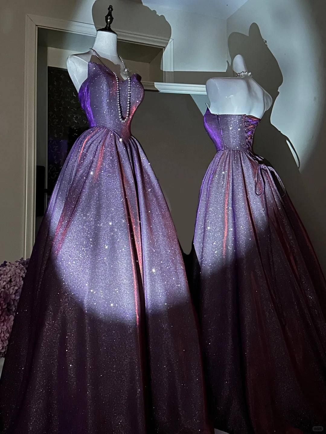 Charming Purple Sweetheart Neck Sleeveless Sparkling Train Prom Dress P3442