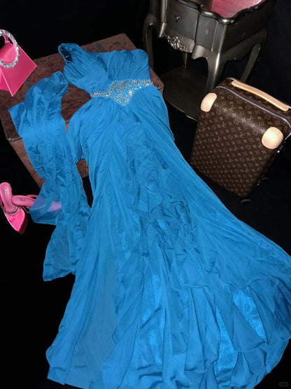 Vintage One Shoulder Chiffon Genietet Perlen Stein Blau Langes Ballkleid P3448