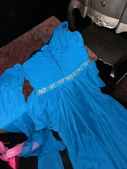 Vintage One Shoulder Chiffon Genietet Perlen Stein Blau Langes Ballkleid P3448