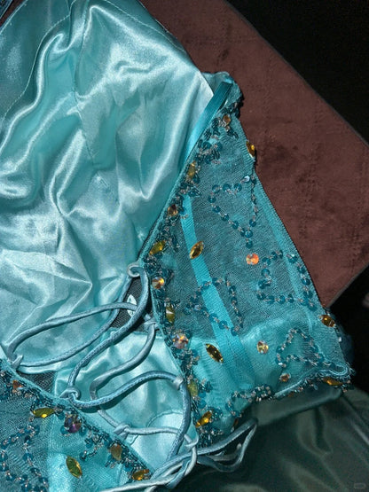 Vintage Blaues Satin Perlen Neckholder Langes Ballkleid P3451