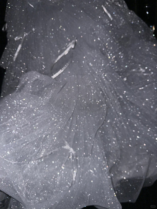 Sparkling Galaxy Silver Beaded Bow Tulle Princess Prom Dress P3453