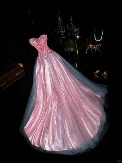 Niedliches, pinkes, trägerloses, perlenbesetztes Tüll-Prinzessinnen-Ballkleid P3454