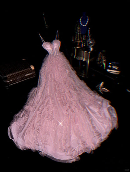 Süßes rosafarbenes Spaghettiträger-Glitzer-Tüll-Fischgrätmuster-Puffy-Ballkleid P3456