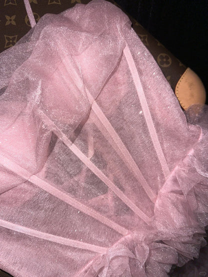 Cute Pink Spaghetti Strap Glitter Tulle Herringbone Puffy Prom Dress P –  PreppyDress