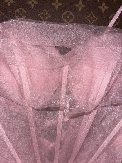 Süßes rosafarbenes Spaghettiträger-Glitzer-Tüll-Fischgrätmuster-Puffy-Ballkleid P3456