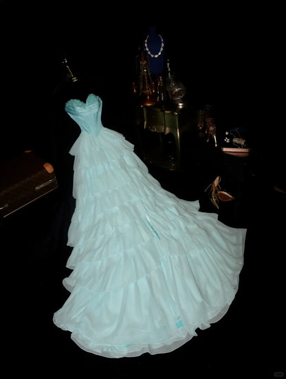 Elegantes und schlichtes, blaues Satin-Chiffon-Ballkleid in A-Linie mit Herzausschnitt P3457