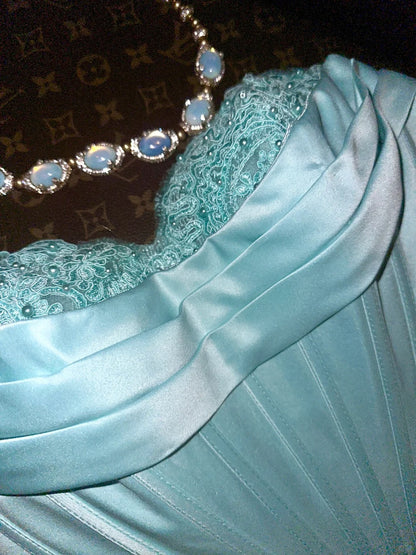 Elegantes und schlichtes, blaues Satin-Chiffon-Ballkleid in A-Linie mit Herzausschnitt P3457