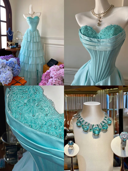 Elegantes und schlichtes, blaues Satin-Chiffon-Ballkleid in A-Linie mit Herzausschnitt P3457