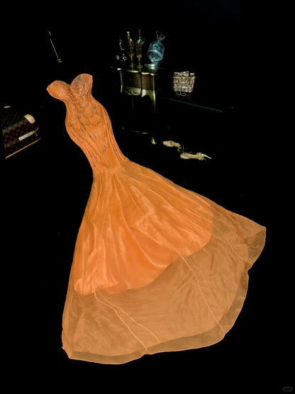 Sexy orangefarbenes Meerjungfrauen-Abendkleid mit Schatz-Ausschnitt, Perlen und Pailletten P3458