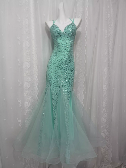 Sexy Pailletten Neckholder Netz Meerjungfrau Ballkleid P3460