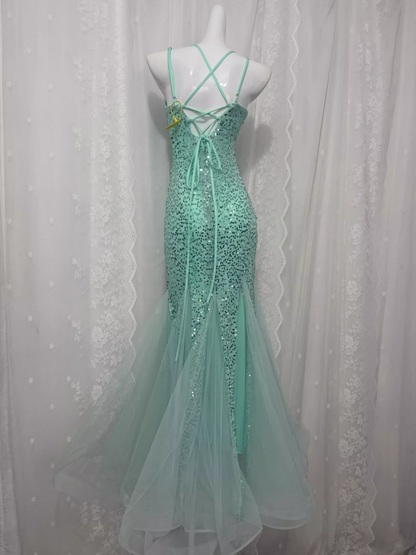 Sexy Pailletten Neckholder Netz Meerjungfrau Ballkleid P3460