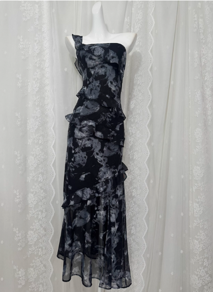 Weiches bedrucktes Spitzen-Ein-Schulter-Volant-Schlitz-Ballkleid P3462
