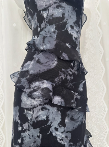 Weiches bedrucktes Spitzen-Ein-Schulter-Volant-Schlitz-Ballkleid P3462