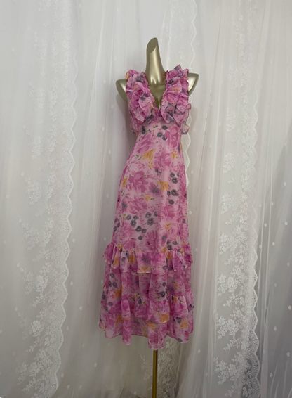 Französisches Teepause-Blumen-rückenfreies V-Ausschnitt-Ballkleid P3463