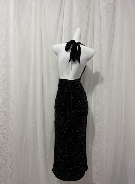 Black Sexy Backless Halter Neck Sequined Prom Dress P3464