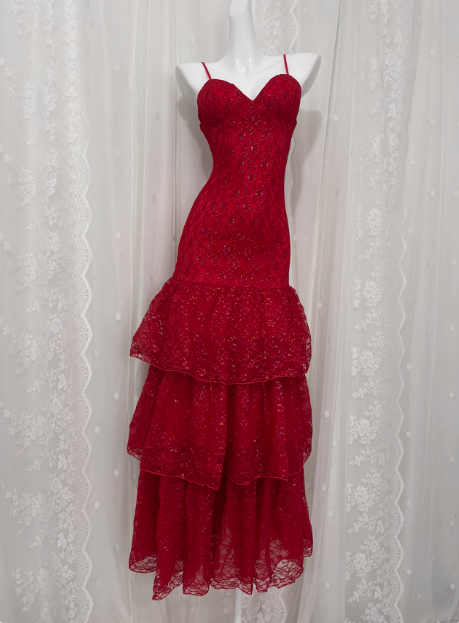 Beautiful Red Sling Lace Waist Ruffle Cake Skirt Prom Dress P3467