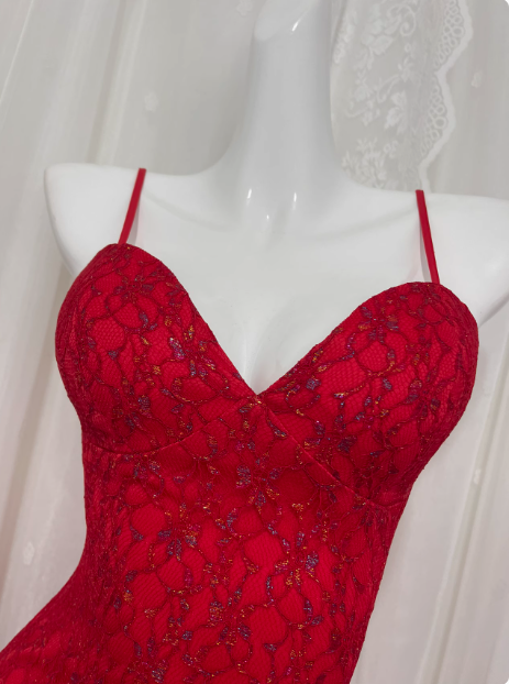 Beautiful Red Sling Lace Waist Ruffle Cake Skirt Prom Dress P3467