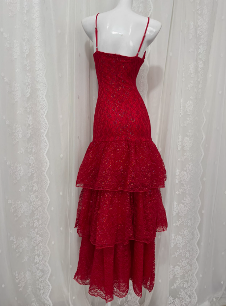 Beautiful Red Sling Lace Waist Ruffle Cake Skirt Prom Dress P3467