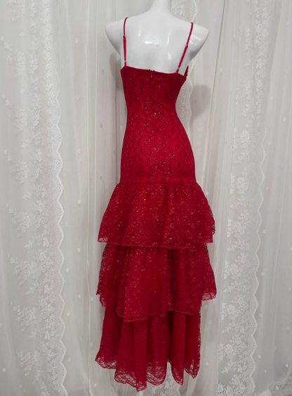 Schönes rotes Sling-Spitzen-Taillenrüschen-Kuchenrock-Ballkleid P3467