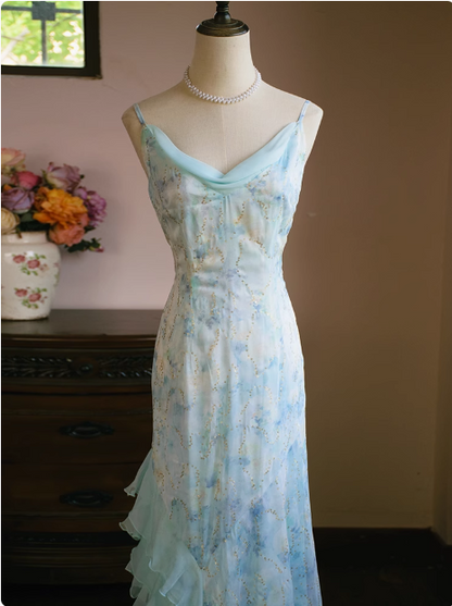 Frisches blaues Neckholder-Träger-Chiffon-Meerjungfrauen-Ballkleid P3471