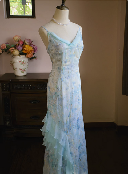 Frisches blaues Neckholder-Träger-Chiffon-Meerjungfrauen-Ballkleid P3471