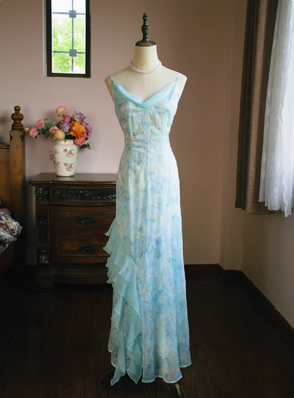 Frisches blaues Neckholder-Träger-Chiffon-Meerjungfrauen-Ballkleid P3471