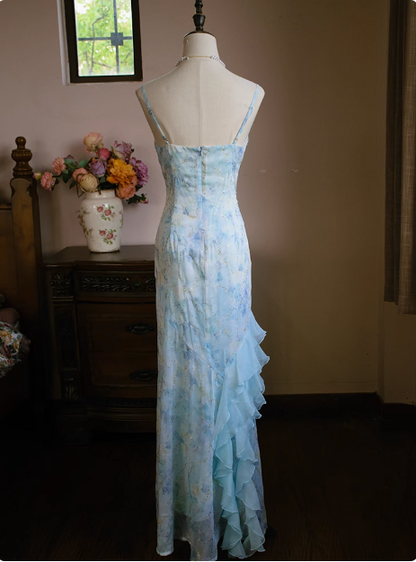 Frisches blaues Neckholder-Träger-Chiffon-Meerjungfrauen-Ballkleid P3471