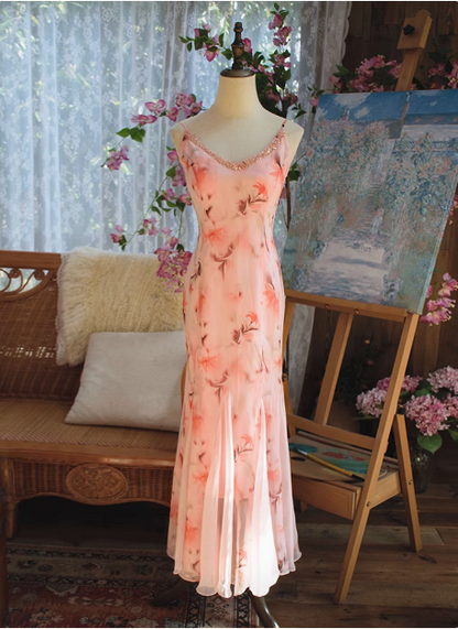 Schönes rosafarbenes bedrucktes Ölgemälde V-Ausschnitt Chiffon Meerjungfrau Abschlussballkleid P3472