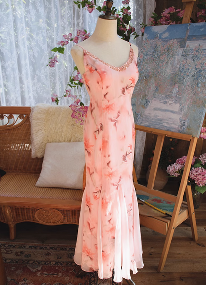 Schönes rosafarbenes bedrucktes Ölgemälde V-Ausschnitt Chiffon Meerjungfrau Abschlussballkleid P3472