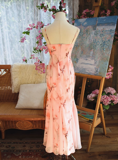 Beautiful Pink Printed Oil Painting V-neck Chiffon Mermaid Prom Dress
