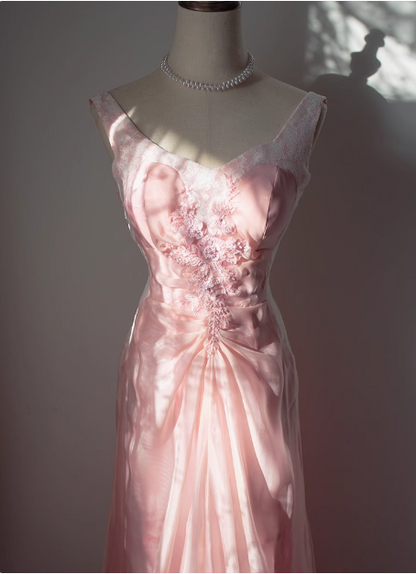Vintage Pink Beaded Backless Lace Long Prom Dress P3473 Vintage Pink Beaded Backless Lace Long Prom Dress P3473