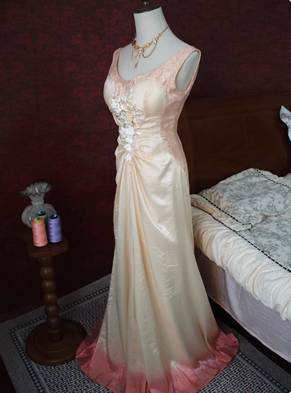 Vintage Beiges Perlen-Rückenfreies 3D-Blumen-Verlauf Langes Ballkleid P3474
