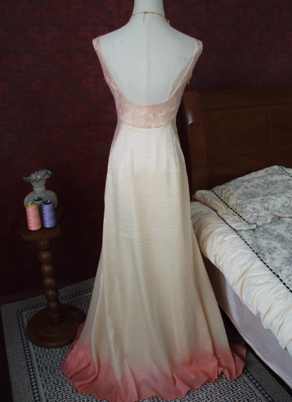 Vintage Beiges Perlen-Rückenfreies 3D-Blumen-Verlauf Langes Ballkleid P3474