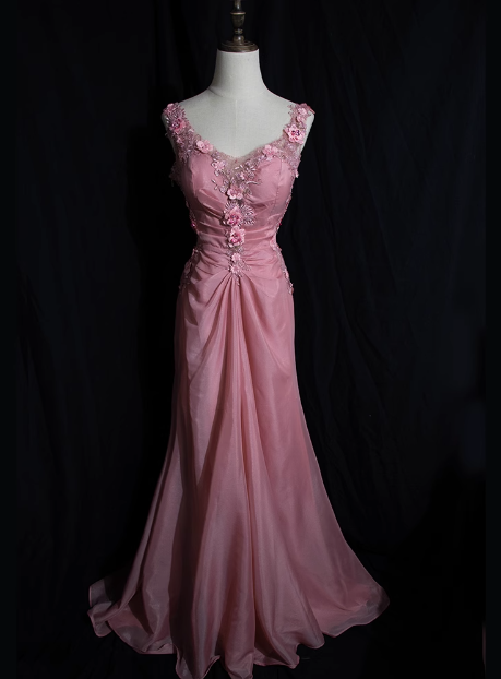 Retro Pink Beaded Backless 3D Flower Gradient Long Prom Dress P3475
