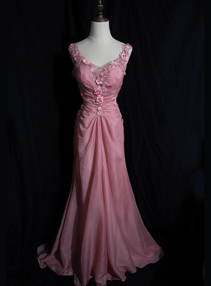 Retro Pink Perlenbesetztes Rückenloses 3D-Blumen-Verlauf Langes Ballkleid P3475