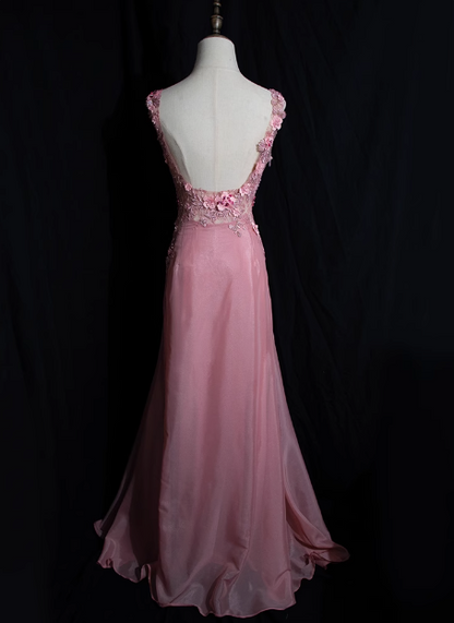 Retro Pink Perlenbesetztes Rückenloses 3D-Blumen-Verlauf Langes Ballkleid P3475