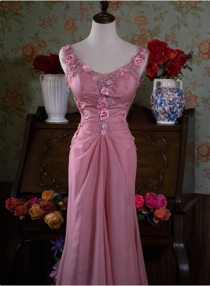 Retro Pink Perlenbesetztes Rückenloses 3D-Blumen-Verlauf Langes Ballkleid P3475