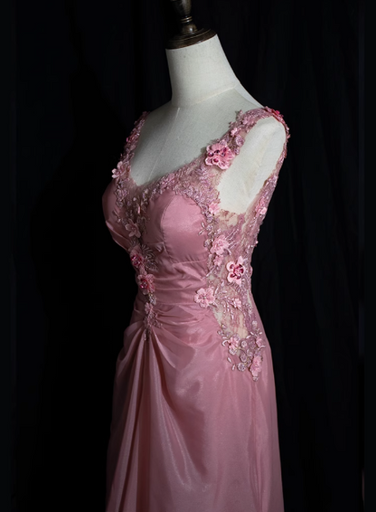Retro Pink Perlenbesetztes Rückenloses 3D-Blumen-Verlauf Langes Ballkleid P3475