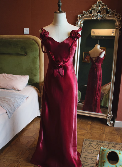 Elegantes ärmelloses weinrotes Meerjungfrauen-Ballkleid mit 3D-Blumen und Rückenschnürung P3476