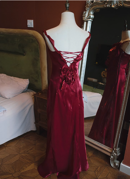 Elegantes ärmelloses weinrotes Meerjungfrauen-Ballkleid mit 3D-Blumen und Rückenschnürung P3476