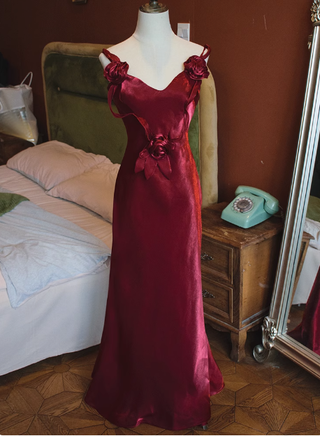Elegant Sleeveless Burgundy 3D Flower Back Tie Mermaid Prom Dress P3476