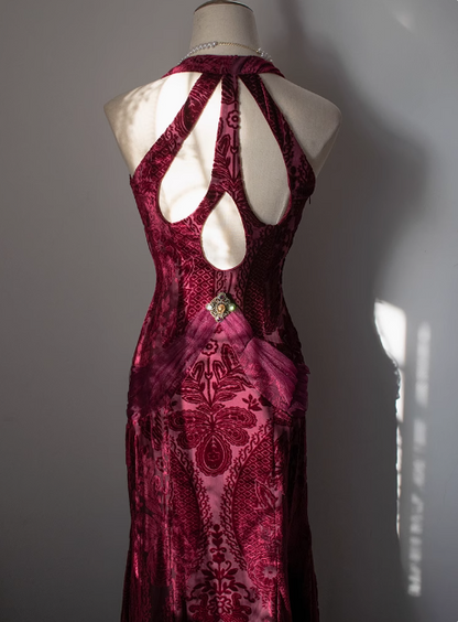 Vintage tiefes V-Neck Burgunderrotes Samt-Ballkleid P3477