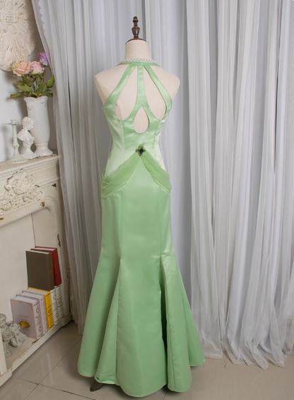 Retro Hellgrün Wassertropfen Perlen Besticktes Tiefes V Rückenfreies Meerjungfrauen Satin Ballkleid P3478