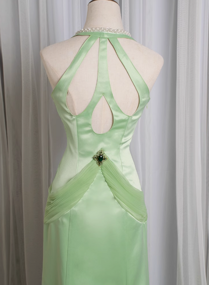 Retro Light Green Water Drop Beaded Deep V Backless Mermaid Satin Prom PreppyDress Retro Light Green Water Drop Beaded Deep V Backless Mermaid Satin Prom PreppyDress
