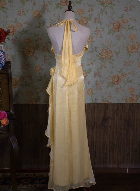 Light Luxury Retro Halterneck Sleeveless Three-dimensional Flower Backless Long Prom Dress P3480