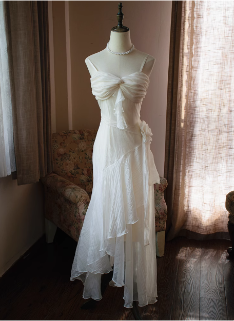 Elegant French Camellia Strap Irregular Prom Dress P3481