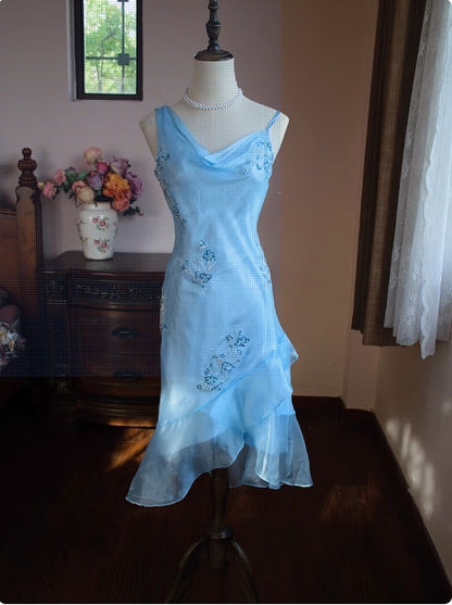 Niedliches blaues perlenbesetztes Rüschenkragen-Kleid für Geburtstagsfeier und Heimkehr P3483