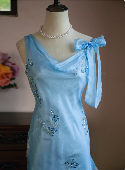 Niedliches blaues perlenbesetztes Rüschenkragen-Kleid für Geburtstagsfeier und Heimkehr P3483